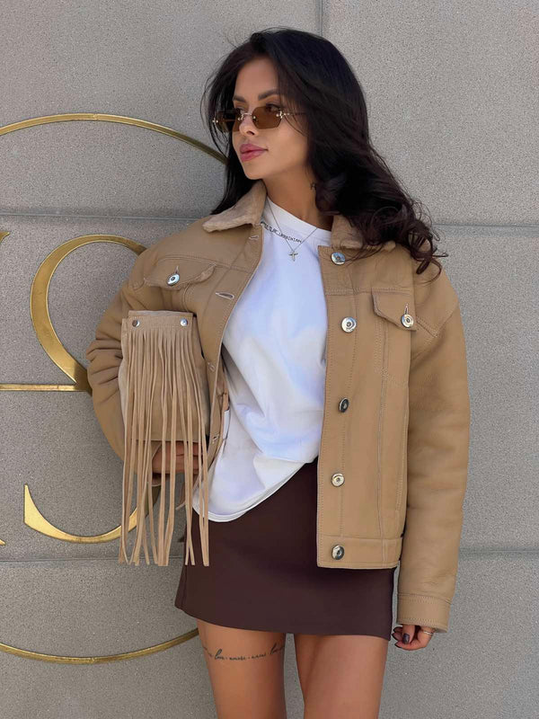 Short beige sheepskin coat