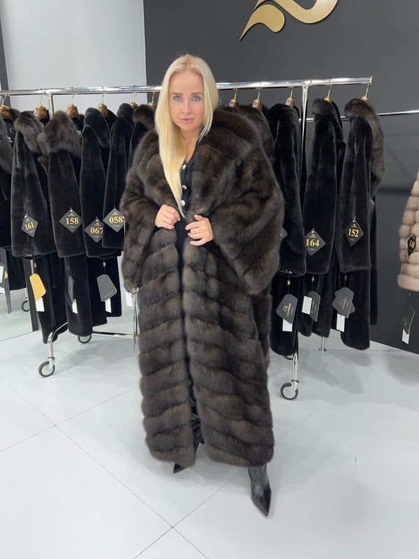 Long sable fur coat with a hood