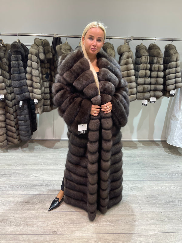 Long dark sable fur coat with a hood