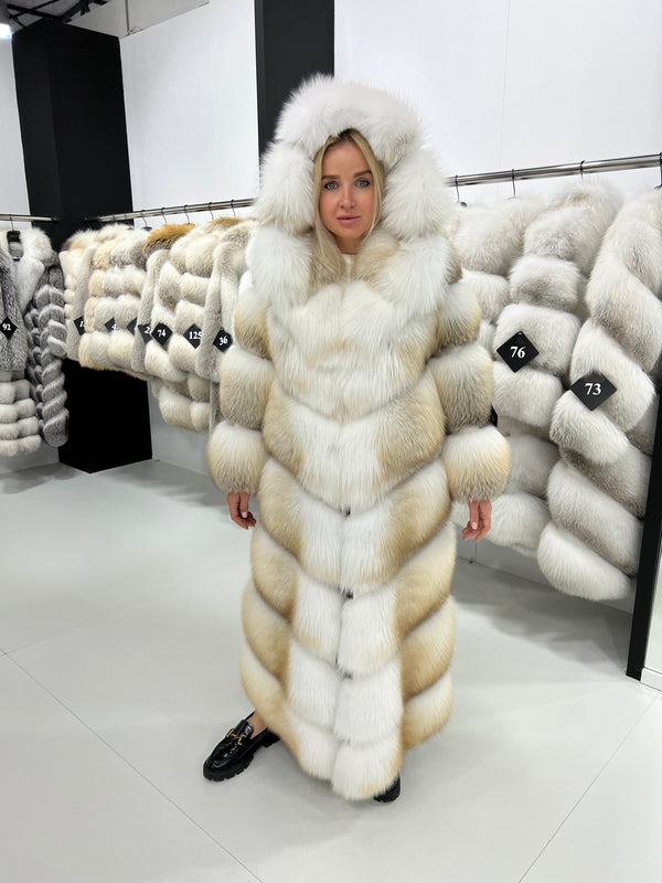 Long shadow golden fox fur coat with hood