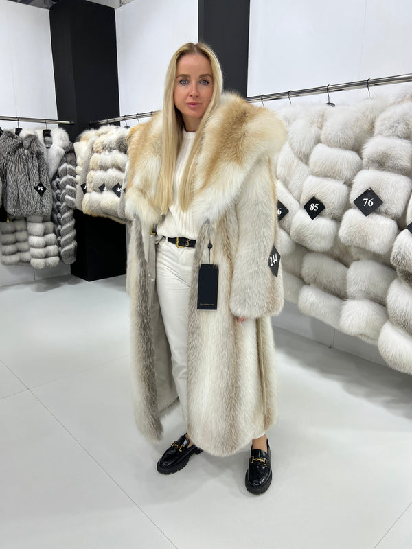 Long golden fox fur coat with hood