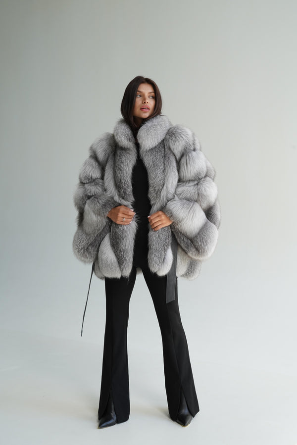 Loose silver fox fur coat