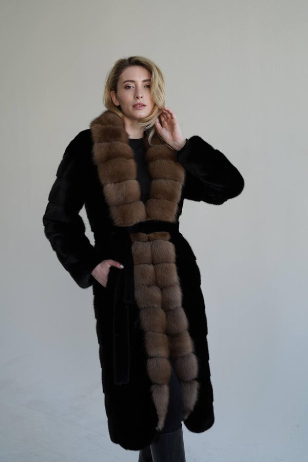 Dark Mink Fur Coat with Majestic Marten Collar