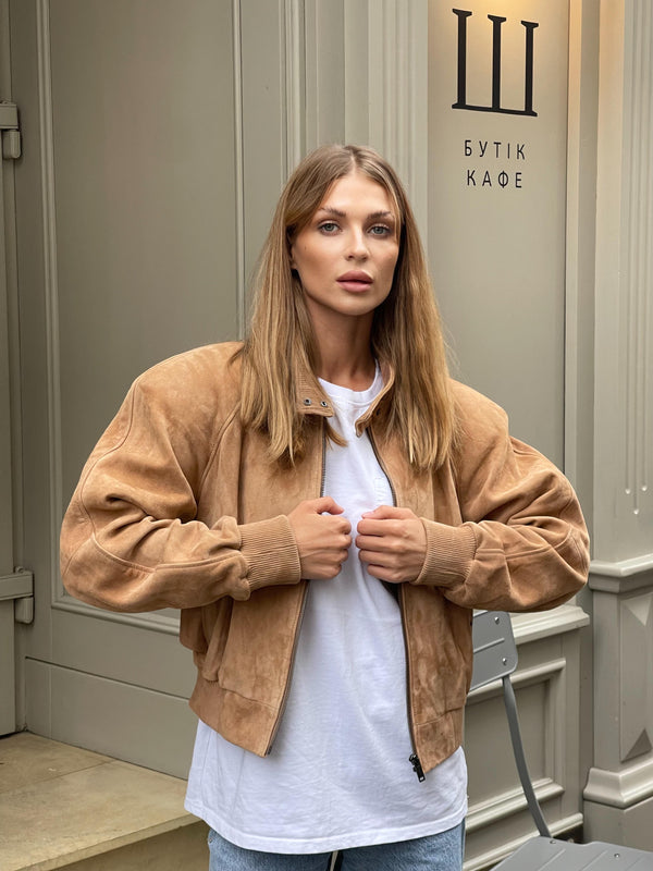 Chic Beige Genuine Suede Leather Women's Jacket | Elevate Your Style