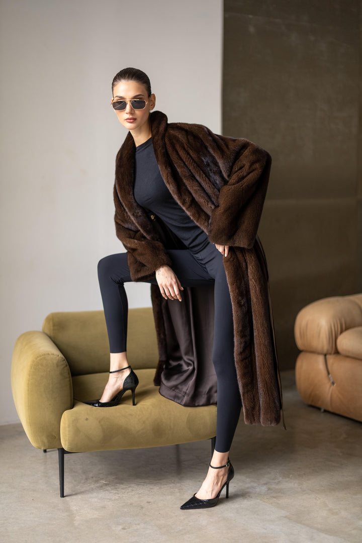 Luxurious brown mink fur coat, 130cm length, crafted with genuine soft mink fur.  