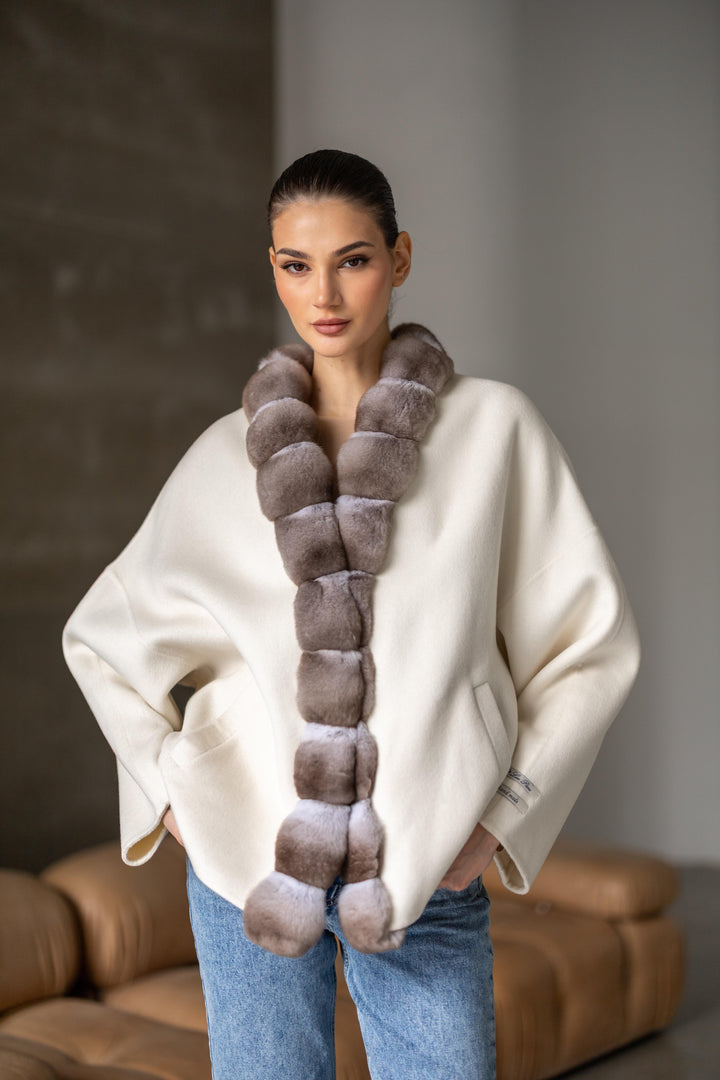 Ivory cashmere jacket with genuine chinchilla fur trim, luxury Loro Piana design, 65cm length.