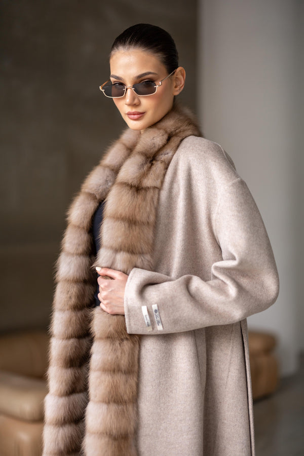 Luxurious beige Loro Piana cashmere coat with a marten fur collar, elegant women's outerwear.